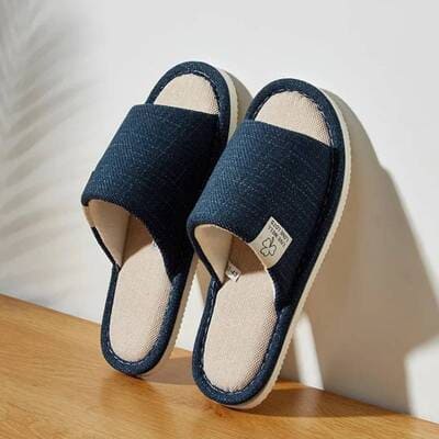 Blue unisex linen home slippers with breathable open-toe design and cushioned non-slip sole for indoor comfort at home.