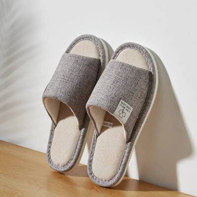 Gray unisex linen home slippers with breathable open-toe design and cushioned non-slip sole for indoor comfort at home.
