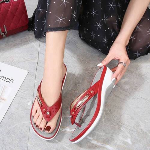 Red women's orthotic cushion flip flops with arch support for foot pain relief – thong sandals FTF Market UK