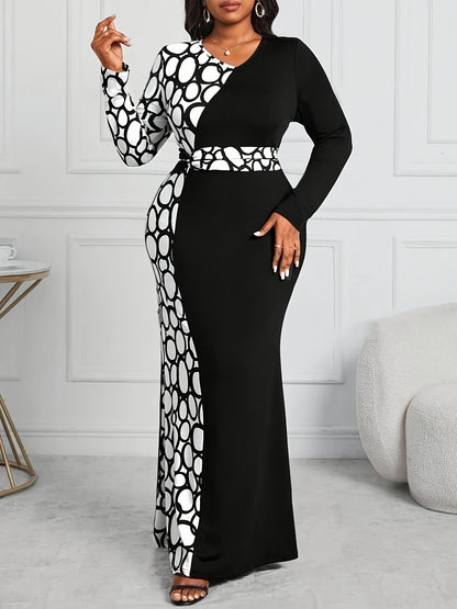 Plus Size Geo Print Color Block Dress with Long Sleeves and V-Neck for Women's Elegant Wear