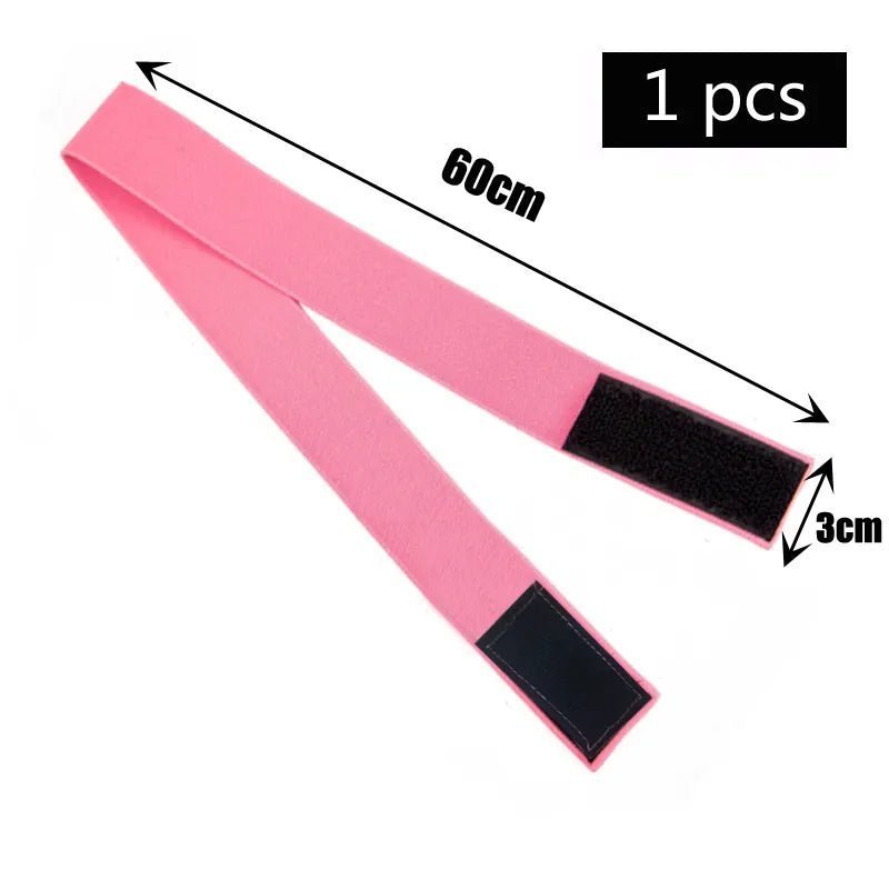 A variety of adjustable lace wig headbands in pink, displayed with an image of a woman wearing one of the headbands.