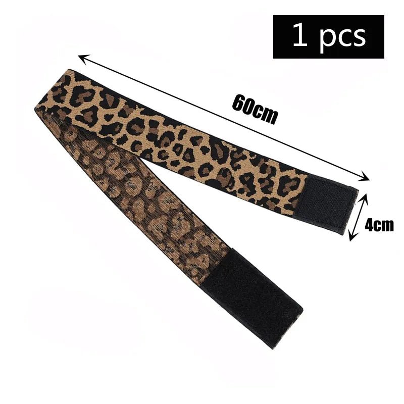 A variety of adjustable lace wig headbands in leopard, displayed with an image of a woman wearing one of the headbands.