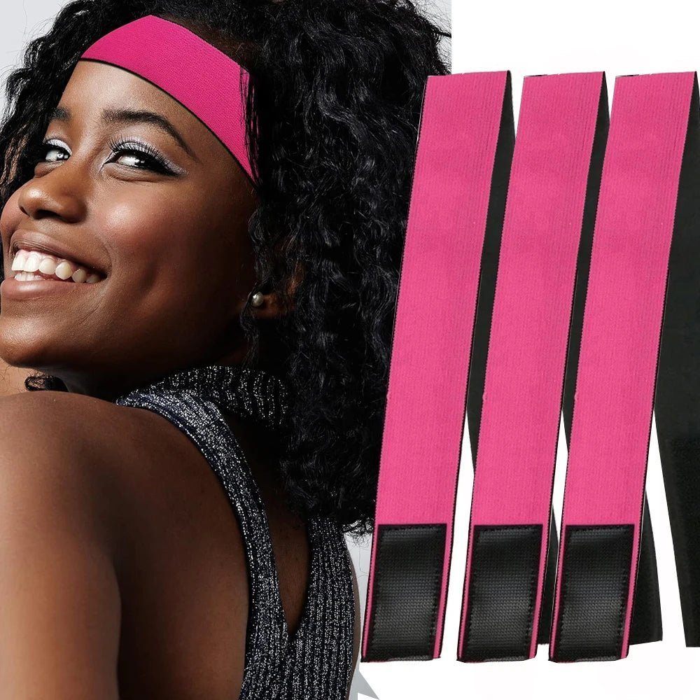 Smiling model wearing a bright pink adjustable headband, next to a 3-piece set of pink headbands.