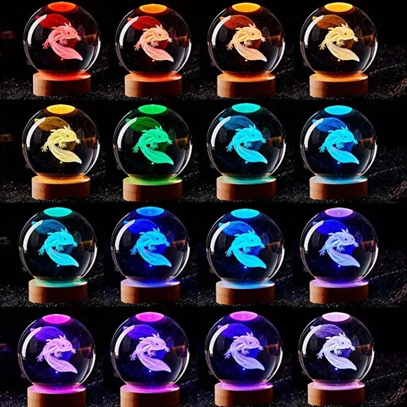 Set of 16 colorful crystal balls with dragon designs on wooden bases. 3D laser engraved axolotl crystal ball lamp with USB LED base, vibrant colours UK.