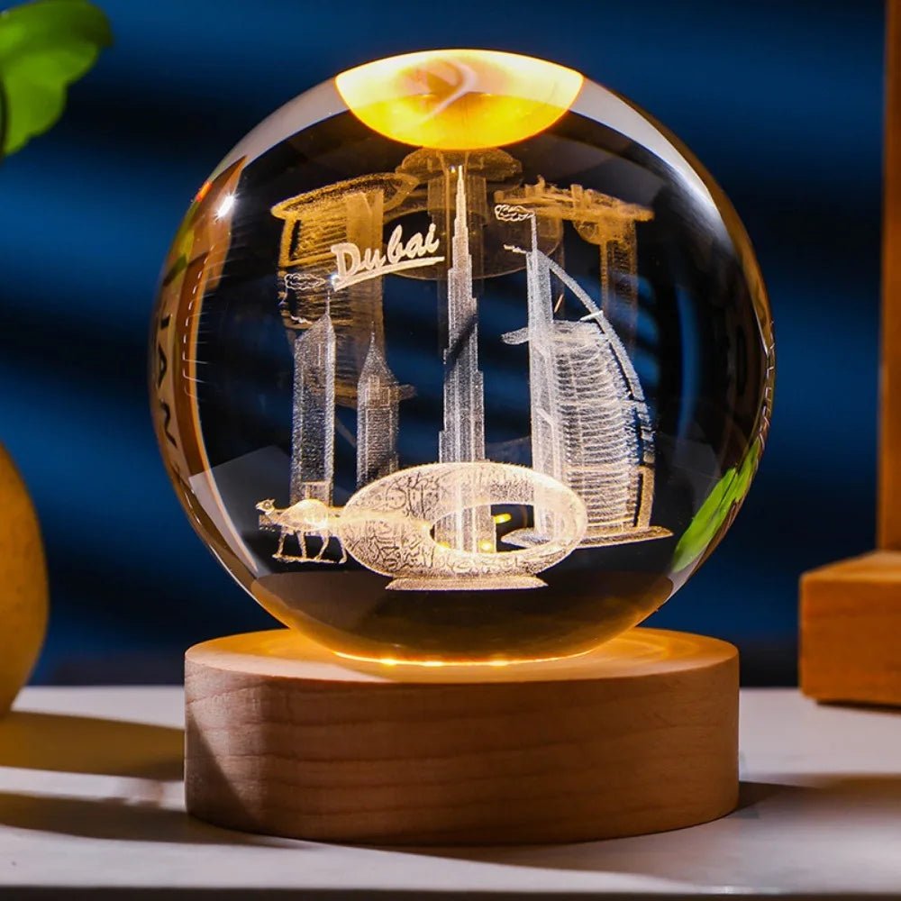 Crystal ball with laser-engraved images of Dubai on a wooden base. 3D laser engraved axolotl crystal ball lamp with USB LED base, vibrant colours UK.