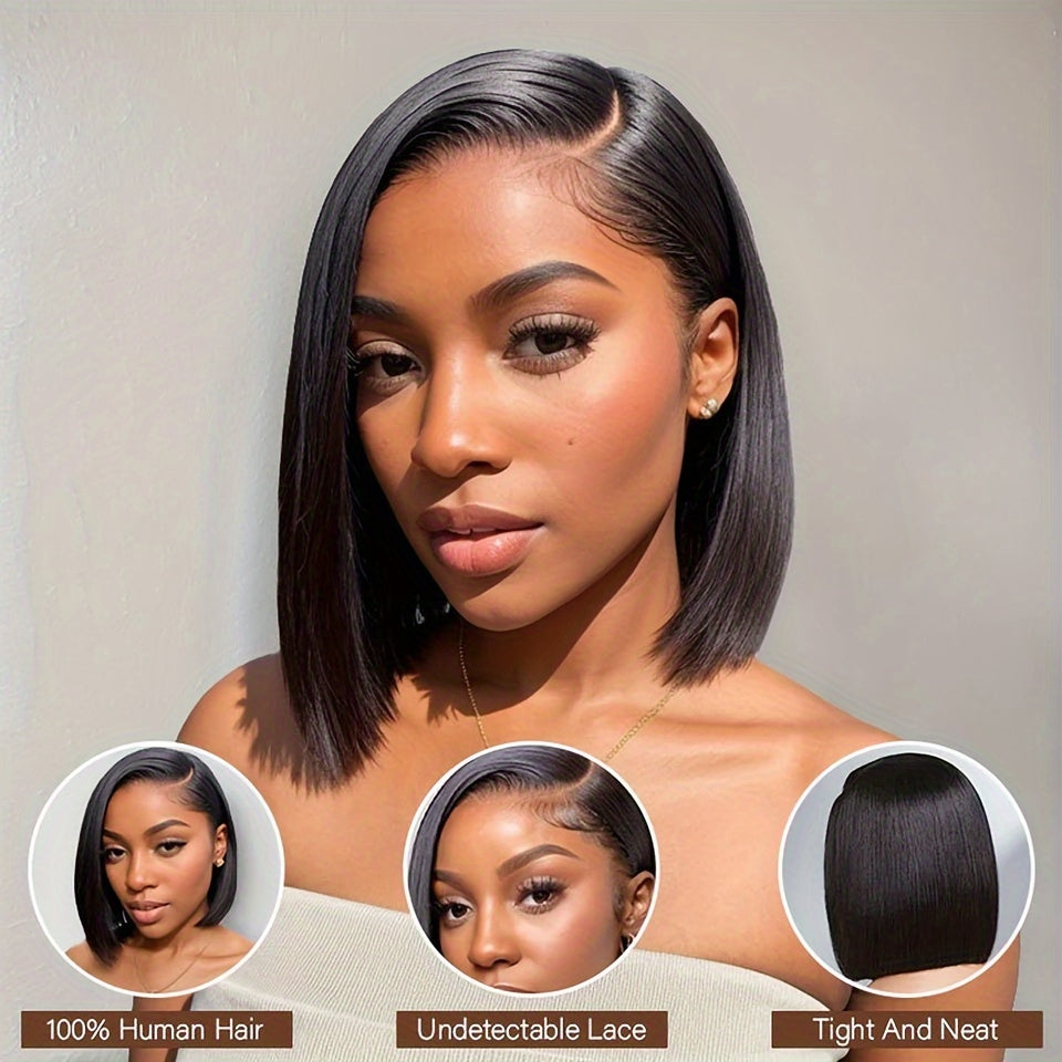 Chic Short Straight Bob Wig with HD Transparent Lace Front, 13x4 Human Hair, Side Parted, 150% Density. Natural color, breathable, comfortable. Embrace ftf fashion and mode ftf.