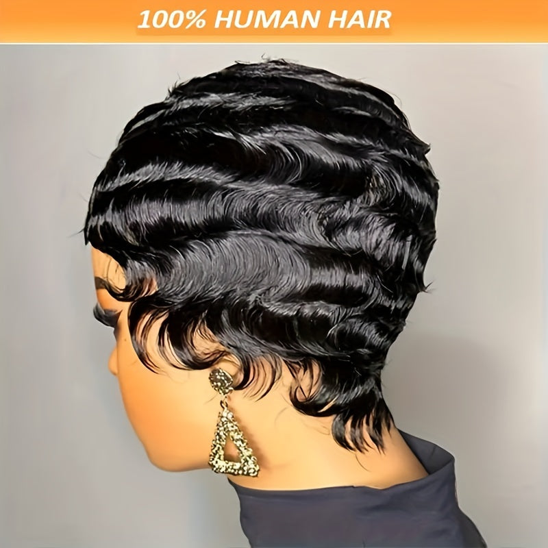 Chic 4-Inch Deep Wave Pixie Cut Wig for Women, 180% density Remy human hair, natural hairline, machine-made, no-glue needed, ftf fashion