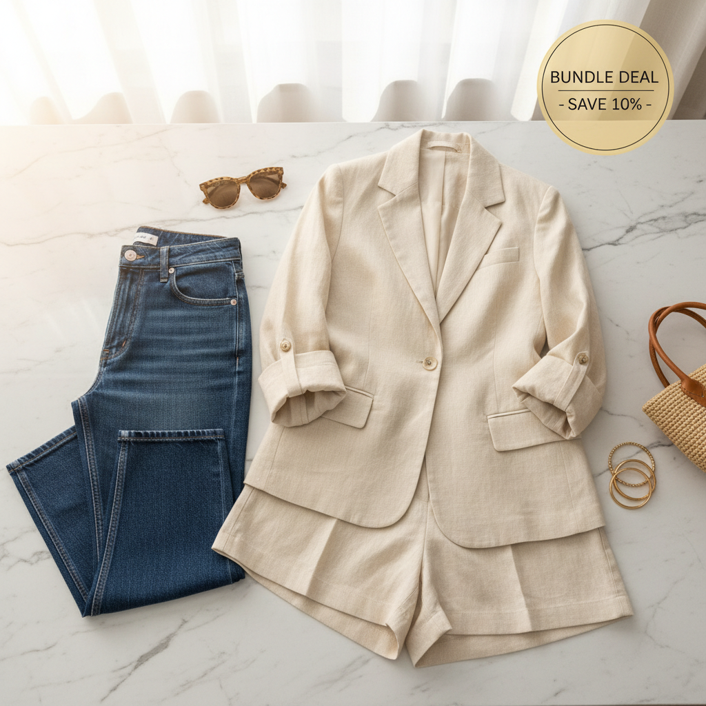 Beige blazer, blue jeans, sunglasses, and a woven bag on a marble surface with a bundle deal badge.