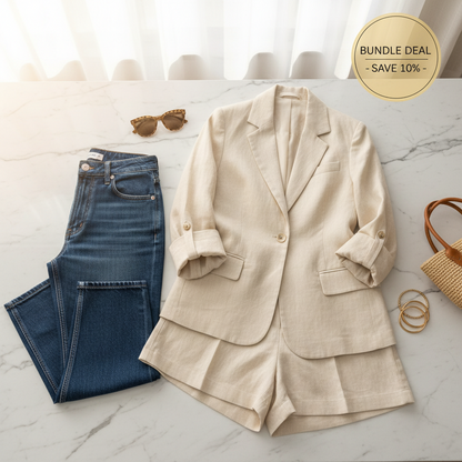 Beige blazer, blue jeans, sunglasses, and a woven bag on a marble surface with a bundle deal badge.