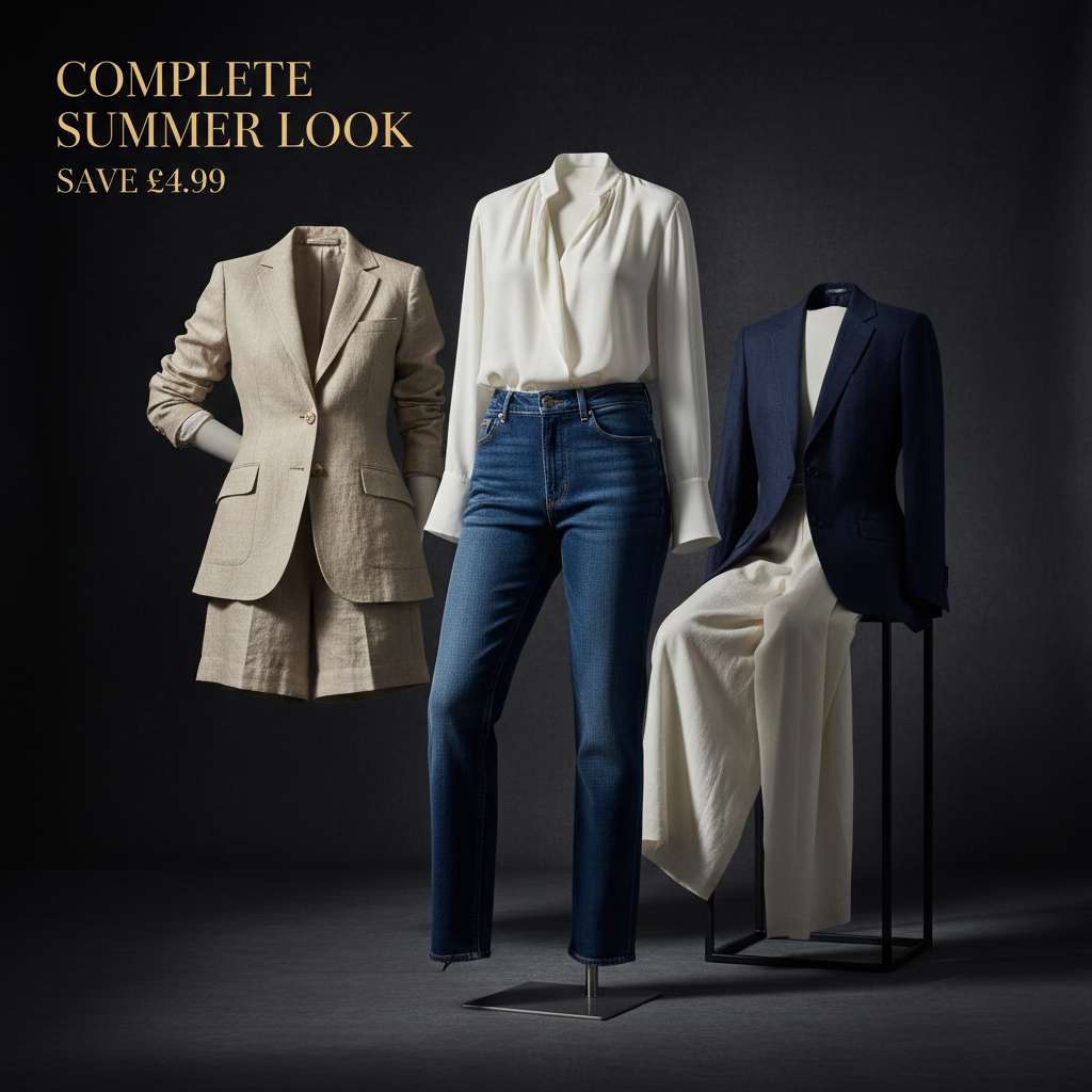 Three clothing items including a beige blazer, white blouse, blue jeans, and a navy blazer on a dark background with text 'Complete Summer Look Save £4.99'.