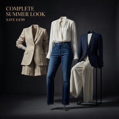 Three clothing items including a beige blazer, white blouse, blue jeans, and a navy blazer on a dark background with text 'Complete Summer Look Save £4.99'.