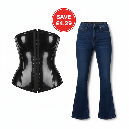 Black corset and blue jeans with a 'Save £4.29' label on a white background