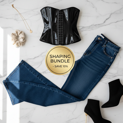 Black corset, blue jeans, and black ankle boots on a marble surface with a 'Shaping Bundle' badge.