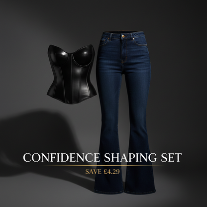 Black leather corset and blue jeans on a dark background with 'Confidence Shaping Set' text.