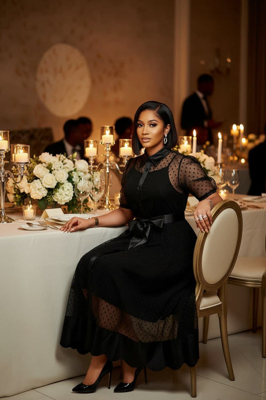 A woman wearing a black midi dress with sheer long sleeves and a matching black belt sits at a decorated event table with candles and white flowers.