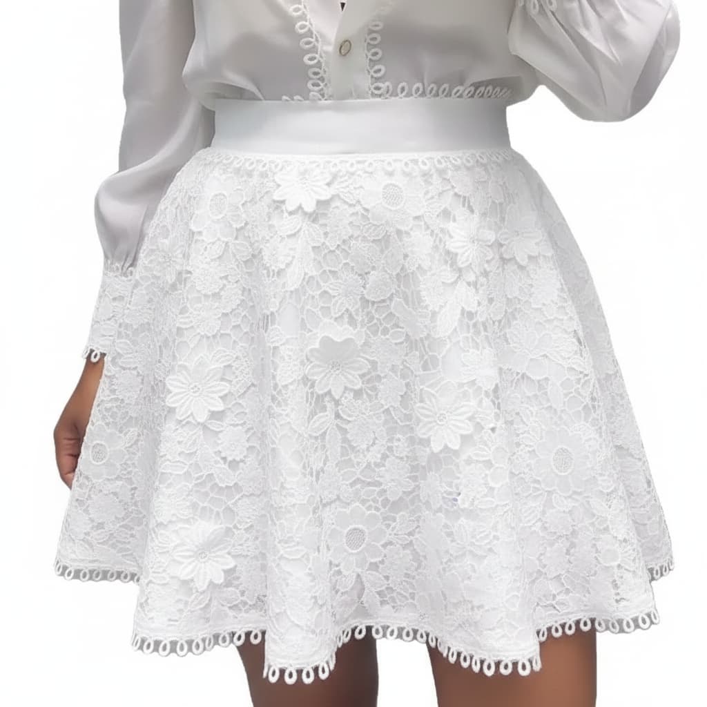 White floral lace mini skirt with a matching white waistband, shown on a model wearing a white blouse against a plain white background.