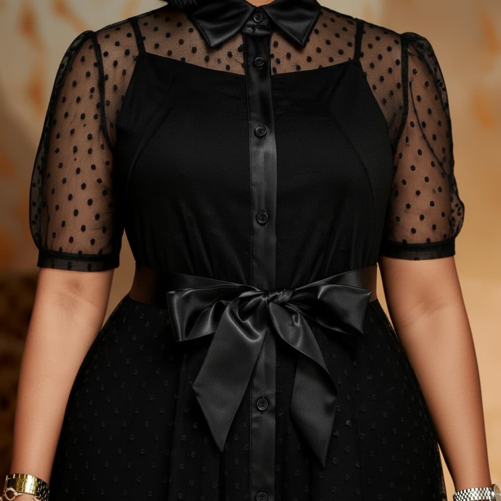 A black dress with sheer polka-dot mesh sleeves, a satin button front, and a large satin bow at the waist, shown on a model against a warm beige background.
