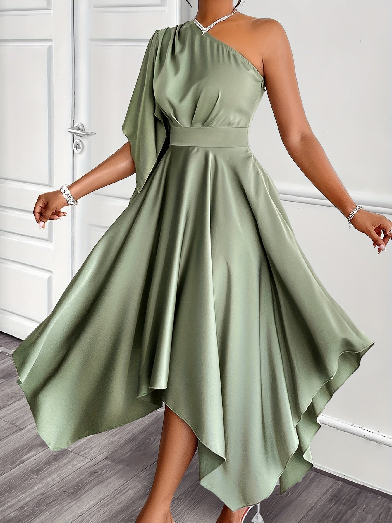 Elegant asymmetrical one-shoulder peplum dress, solid color, high-low midi, ruffle sleeve.