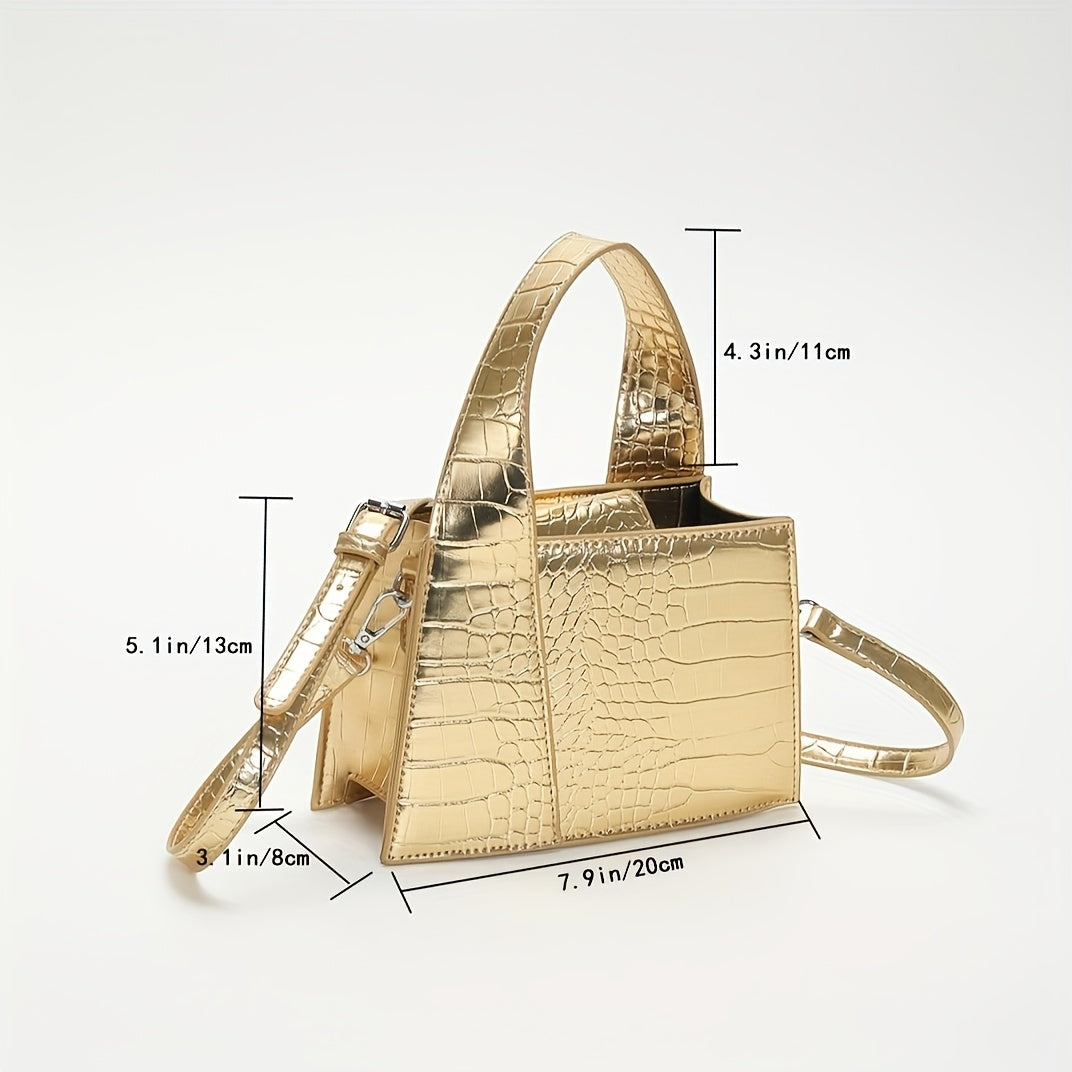 1pc Fashionable Crocodile Pattern Faux Leather Handbag for Women, solid color, shoulder bag, magnetic closure, polyester lined, edge paint detail, ftf fashion