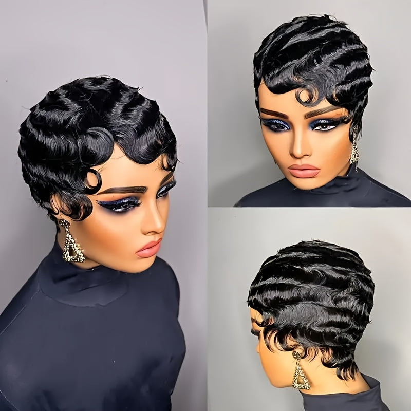 Chic 4-Inch Deep Wave Pixie Cut Wig for Women, 180% density Remy human hair, natural hairline, machine-made, no-glue needed, ftf fashion