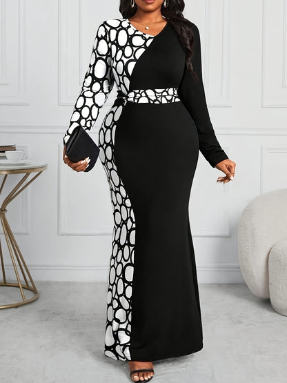 Plus Size Geo Print Color Block Dress with Long Sleeves and V-Neck for Women's Elegant Wear