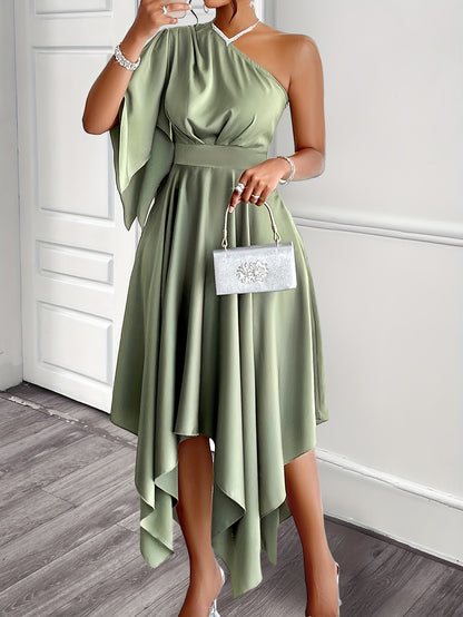 Elegant asymmetrical one-shoulder peplum dress, solid color, high-low midi, ruffle sleeve.