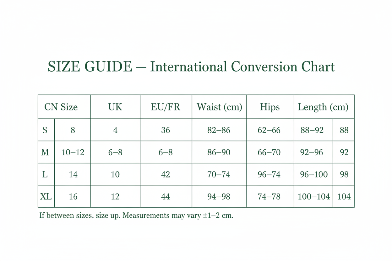 International size guide chart – CN, UK, US, EU/FR conversion for Halter Backless Maxi Dress