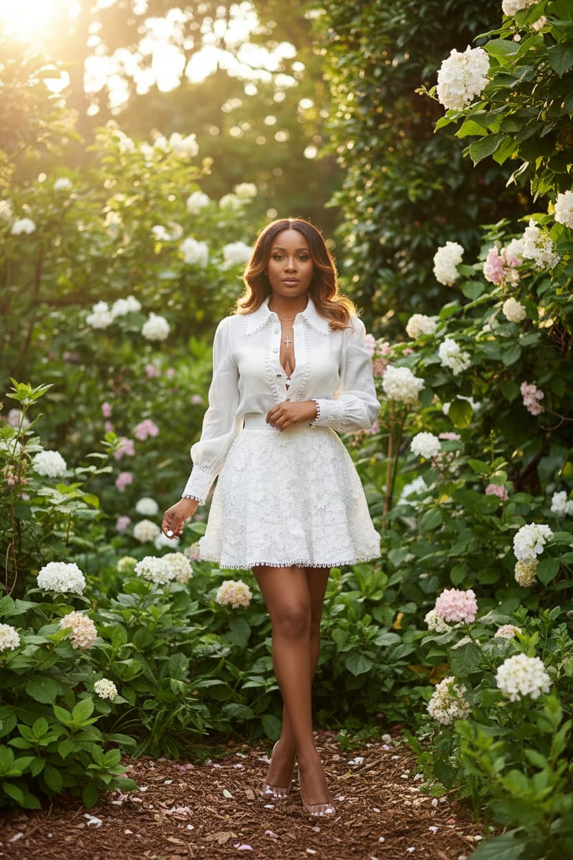 A woman stands in a sunlit garden path wearing a white lace mini dress with long sleeves and a deep V-neckline. The background is filled with lush green foliage and white and pink hydrangeas.