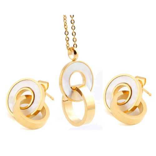Gold and white circular earrings on a white background