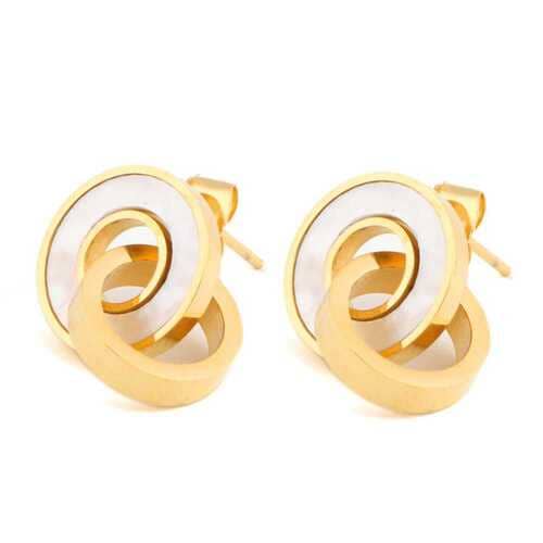 Stainless steel gold tone round pendant earrings, shell detail