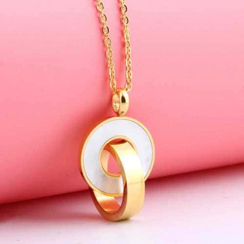 Stainless steel gold tone necklace with round pendant and chain
