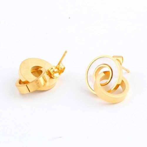 Stainless steel gold tone round pendant earrings, shell detail
