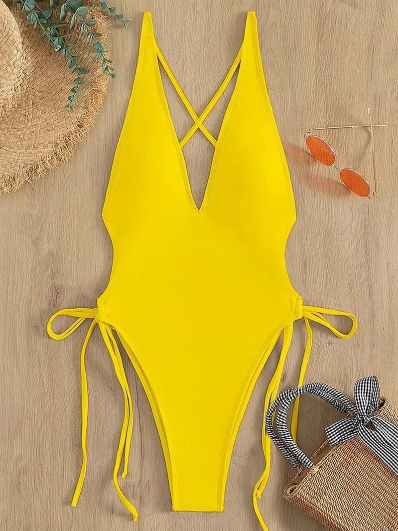 Yellow Push up solid spandex one-piece swimsuit FTF Market UK