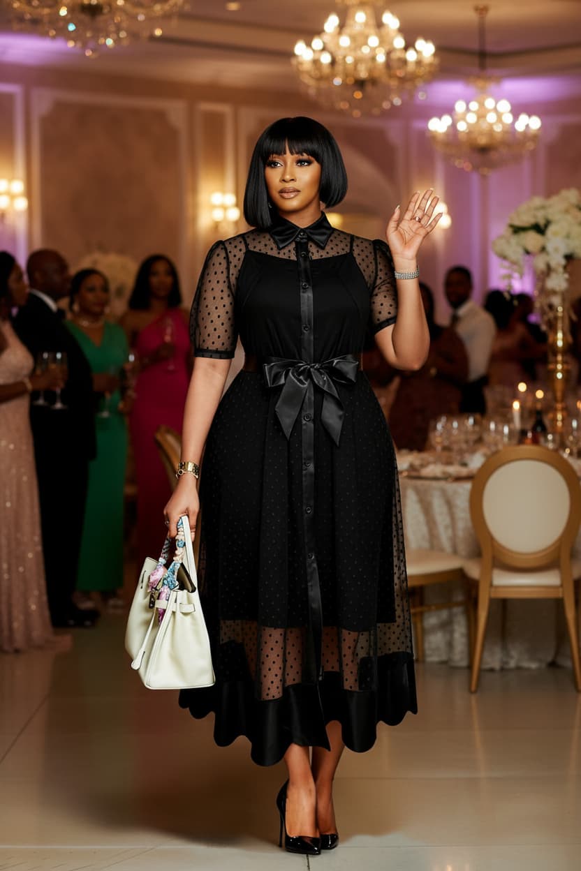 A woman wearing a black midi dress with sheer polka-dot sleeves and hem, standing in a decorated event hall with chandeliers and guests in the background. She is holding a white handbag and wearing black high heels.