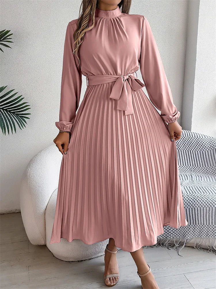 Pink stand collar A-line long sleeve pleated polyester FTF Market UK
