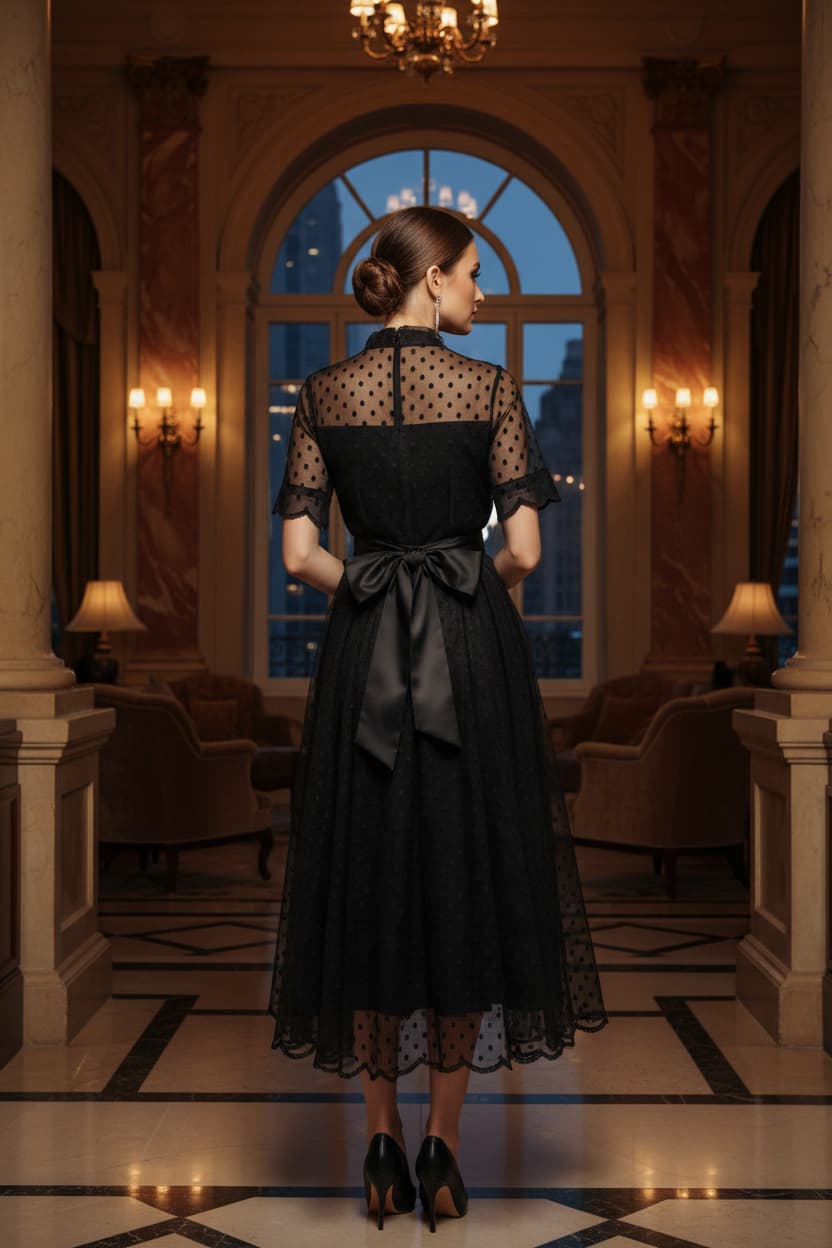 A woman stands with her back to the camera in an elegant, dimly lit ballroom wearing a black midi dress with sheer polka-dot short sleeves and a large satin bow at the back of the waist.
