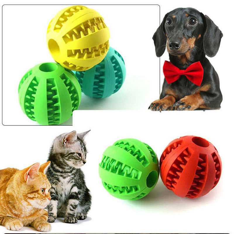 Natural rubber chew ball for dogs and cats, available in various sizes and colors.