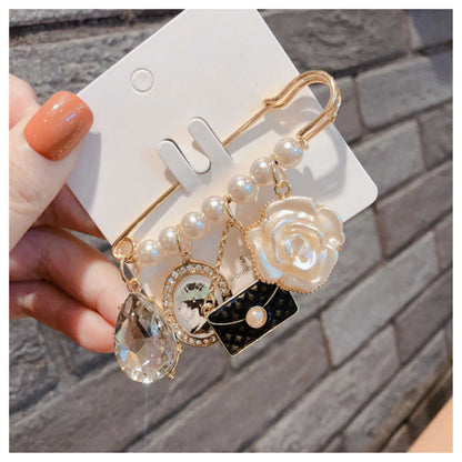 Elegant Crystal Bow Flower Pearl Brooch - Women's Accessory