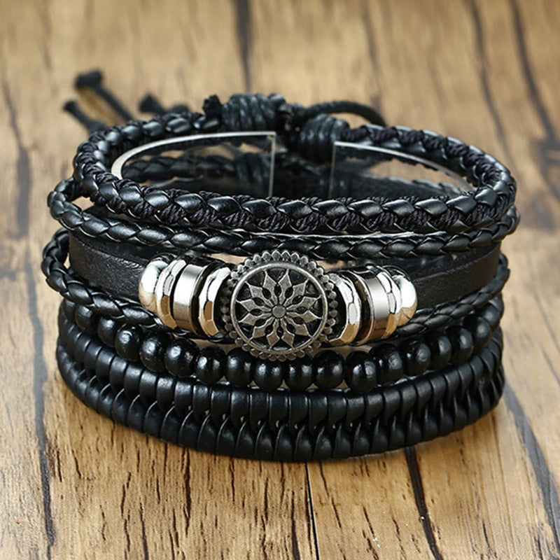 Chunky boho leather wrap bracelet with ethnic charms and adjustable fit