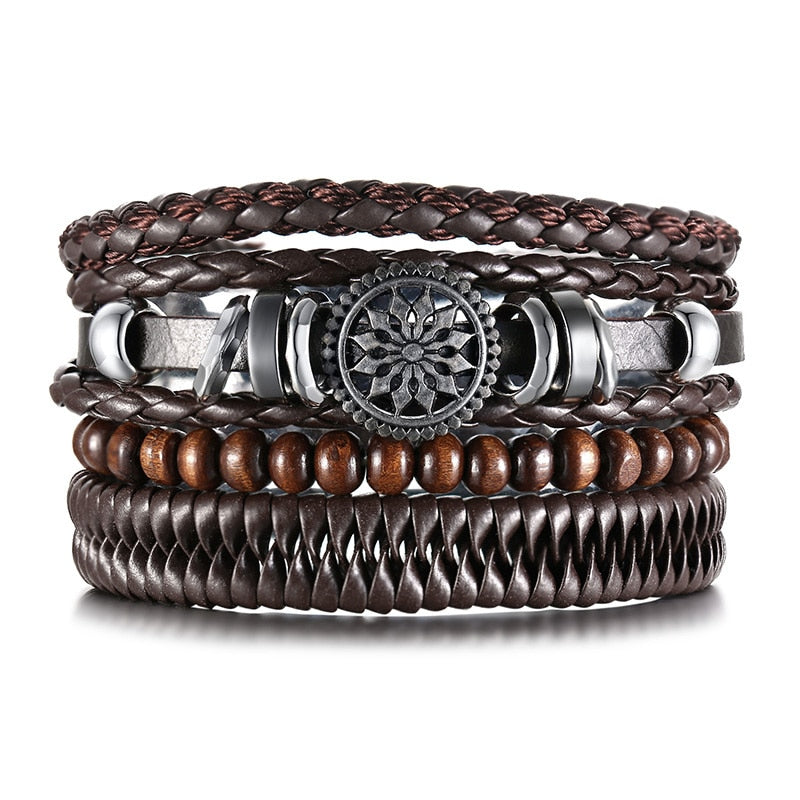 Stylish Boho Braided Leather Wrap Bracelet with Ethnic Charms