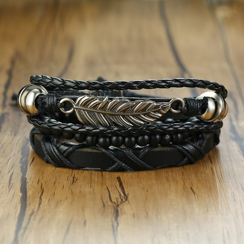 Stylish Boho Braided Leather Wrap Bracelet with Ethnic Charms