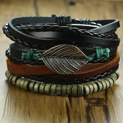 Stylish Boho Braided Leather Wrap Bracelet with Ethnic Charms