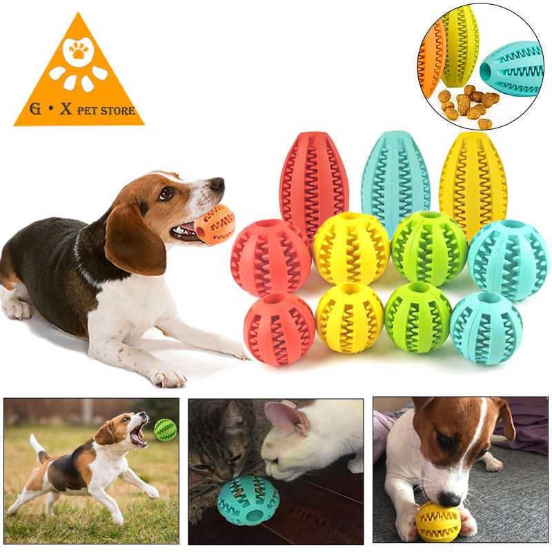 Natural rubber chew ball for dogs and cats, available in various sizes and colors.