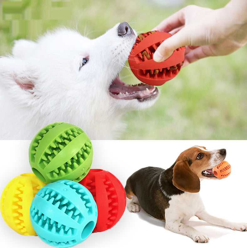 Natural rubber chew ball for dogs and cats, available in various sizes and colors.