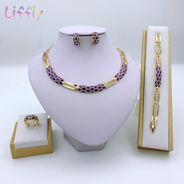 Elegant Luxury Bridal Gold Jewelry Set - Necklace, Earrings, Bracelet, and Ring