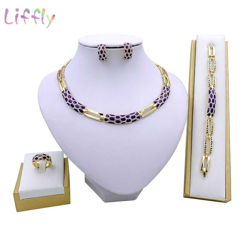 Elegant Luxury Bridal Gold Jewelry Set - Necklace, Earrings, Bracelet, and Ring