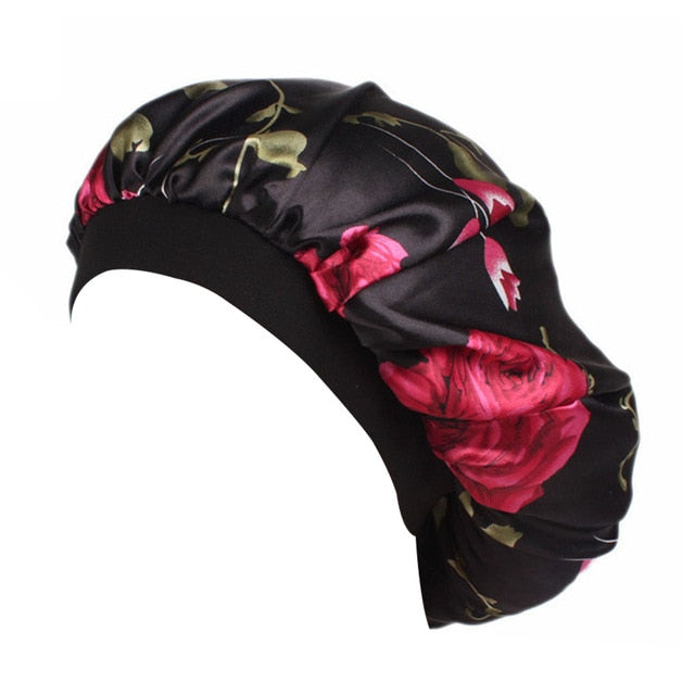 Eco-Friendly Floral Satin Nightcap - Stylish Wide-Brimmed Design