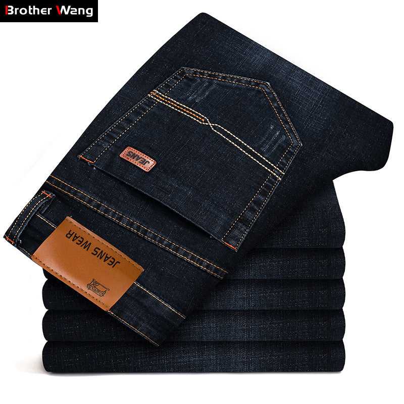 Men's black and blue regular fit stretch jeans, comfortable for everyday wear