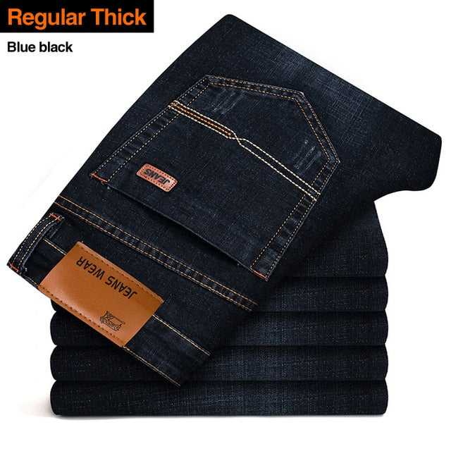 Men's black and blue regular fit stretch jeans, comfortable for everyday wear