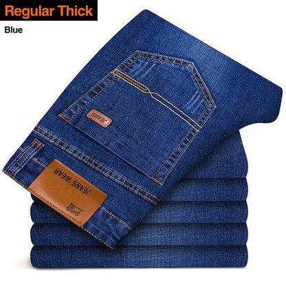 Men's black and blue regular fit stretch jeans, comfortable for everyday wear